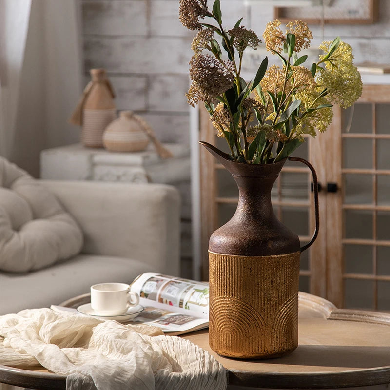 Tall Two-Tone Metal Jug Vase – Rustic Mustard & Bronze Finish