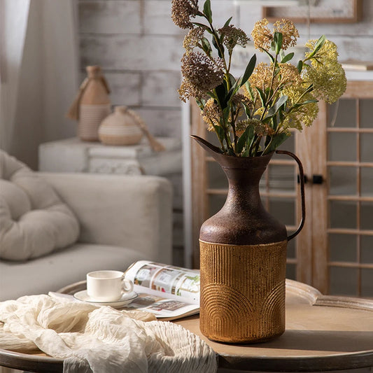 Tall Two-Tone Metal Jug Vase – Rustic Mustard & Bronze Finish