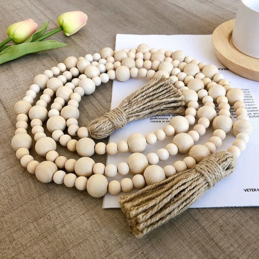 Natural Wooden Bead Garland with Jute Tassels