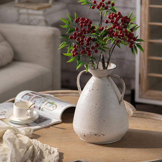 Distressed White Metal Jug Vase – Rustic Farmhouse Accent