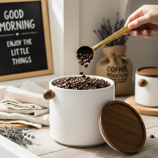 Minimalist Ceramic Storage Jar with Wooden Lid