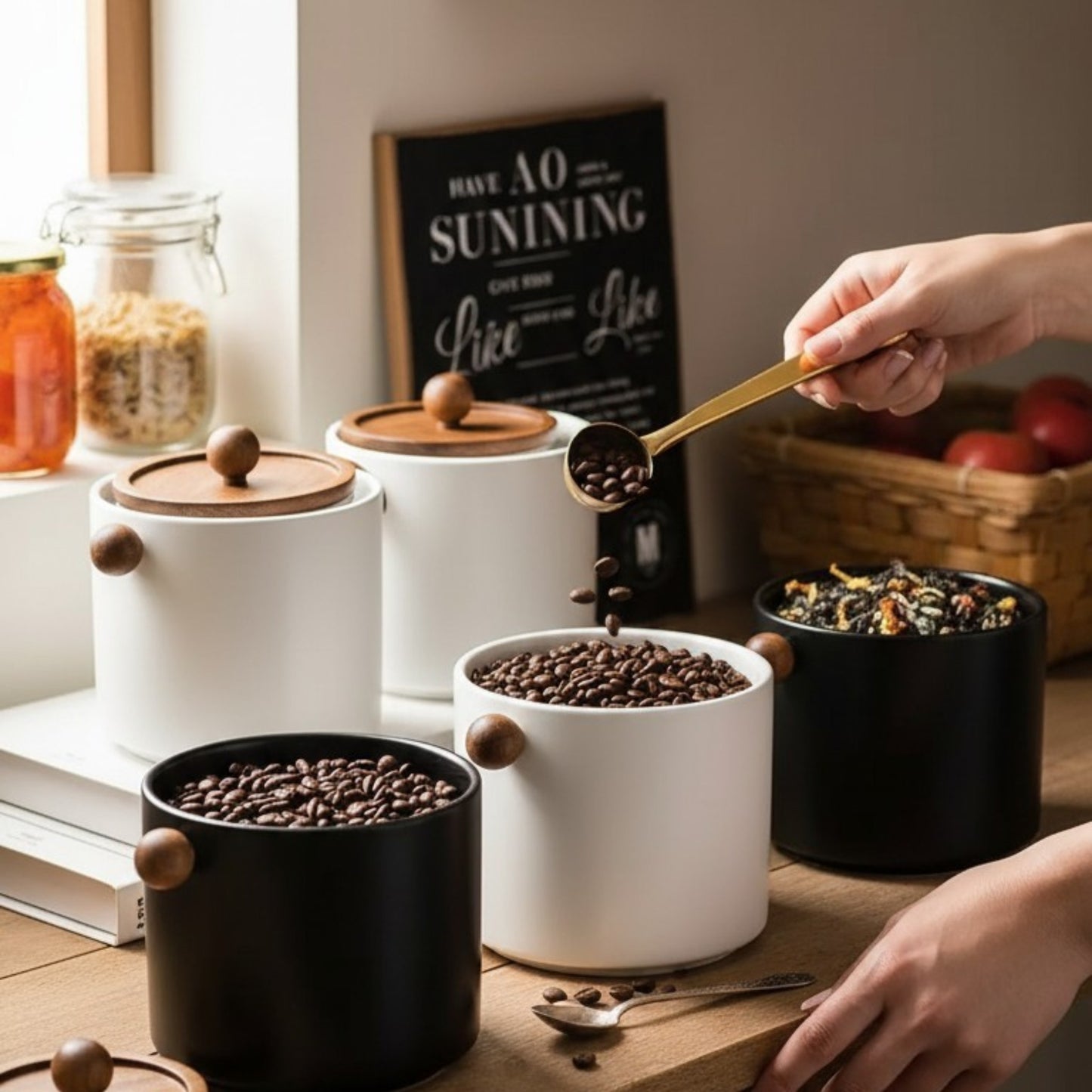Minimalist Ceramic Storage Jar with Wooden Lid