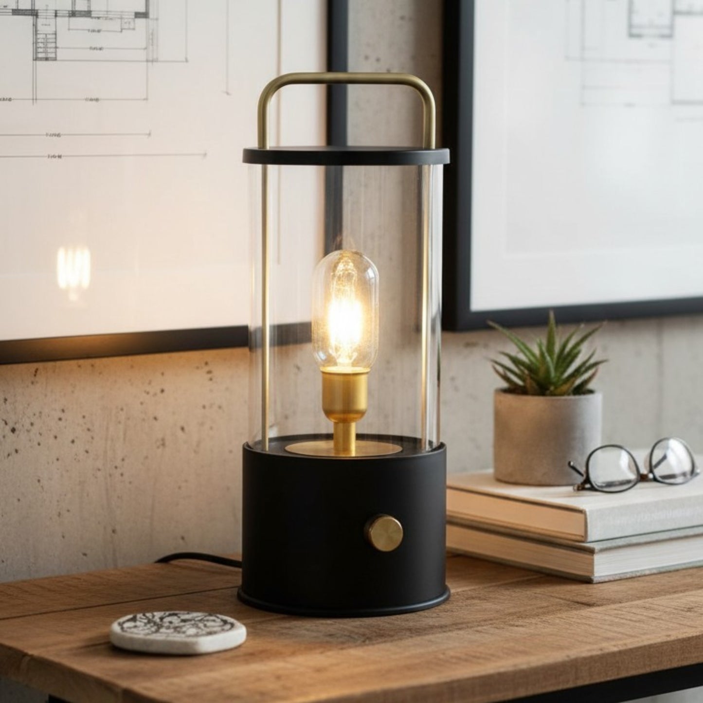 Modern Industrial Lantern-Style Table Lamp