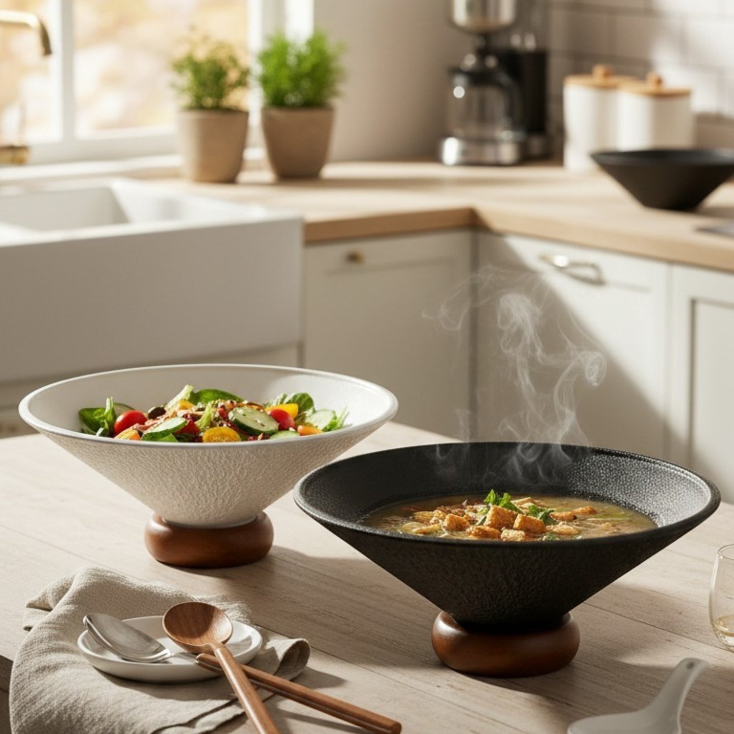 Modern Textured Ceramic Bowls with Wooden Base