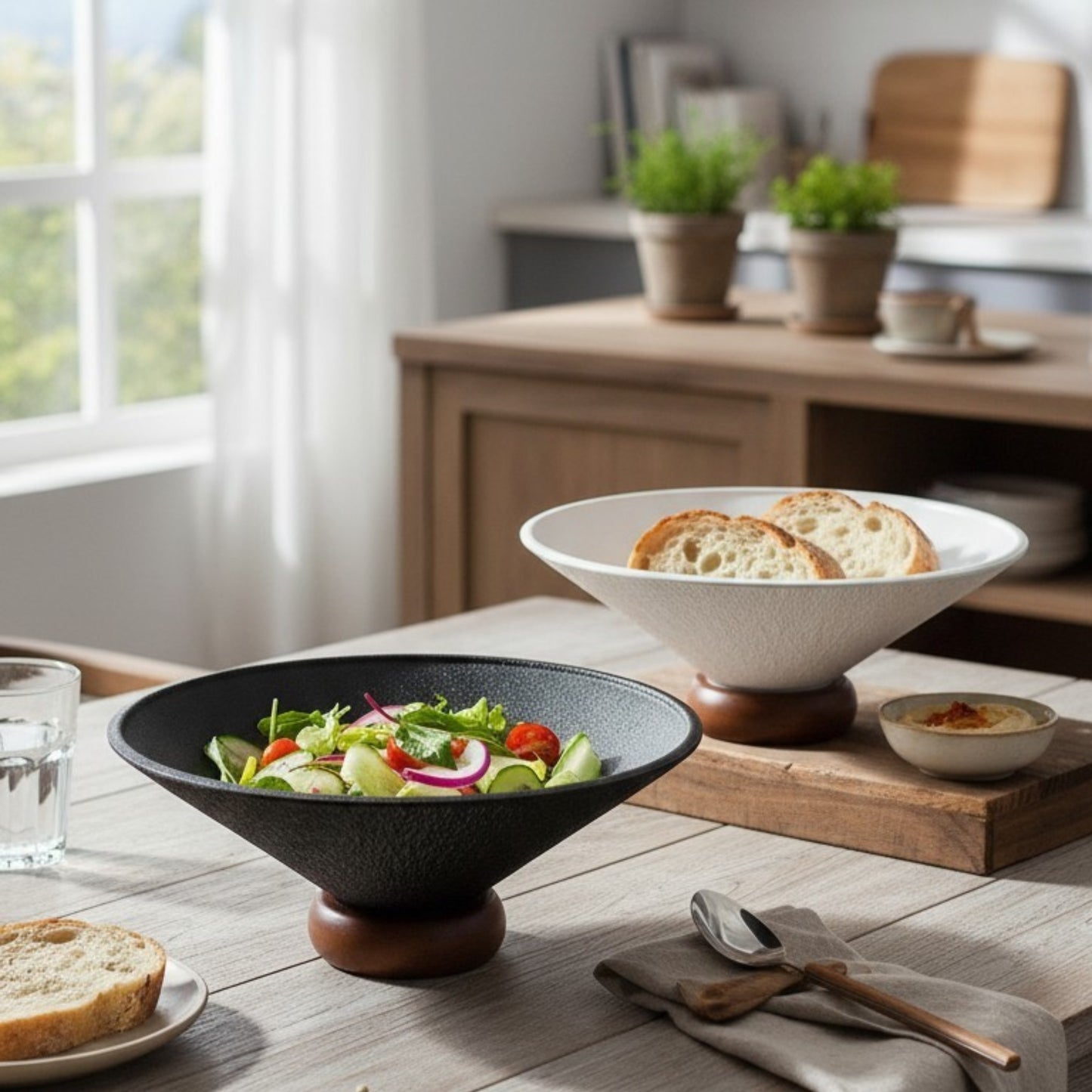 Modern Textured Ceramic Bowls with Wooden Base