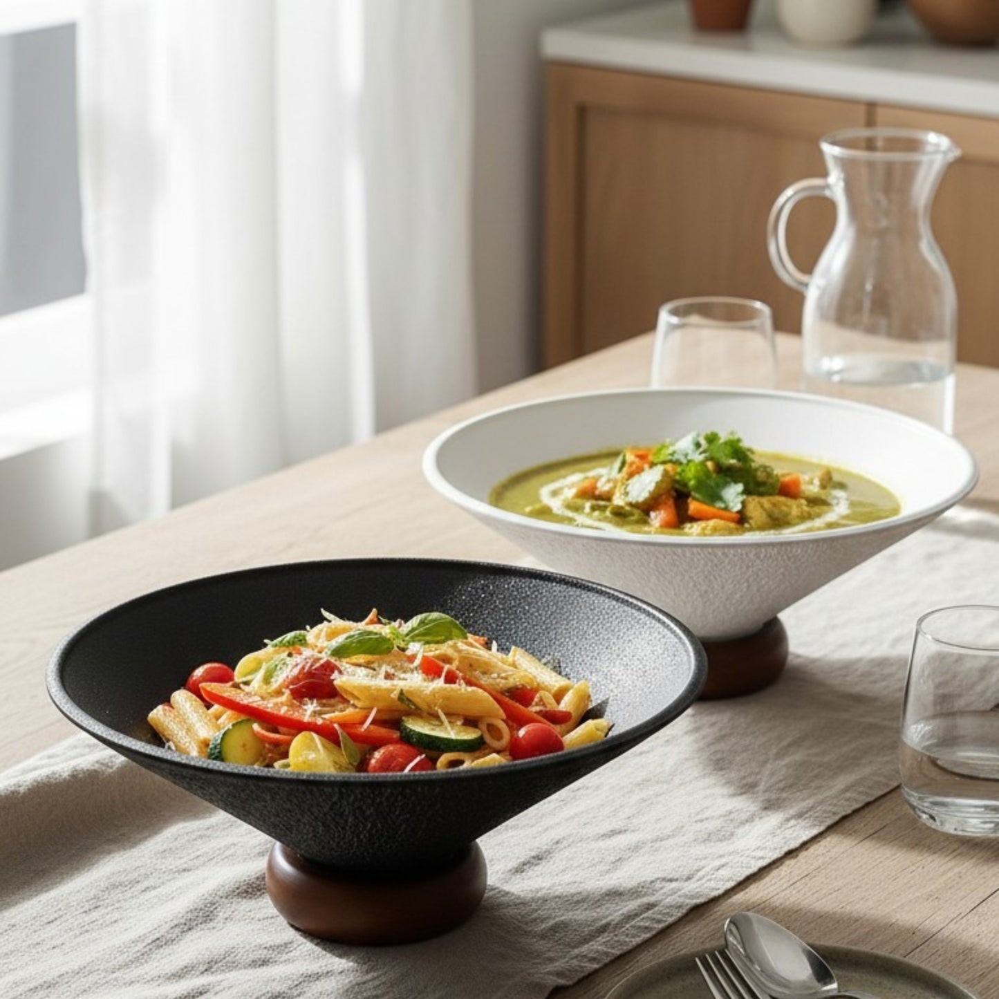 Modern Textured Ceramic Bowls with Wooden Base