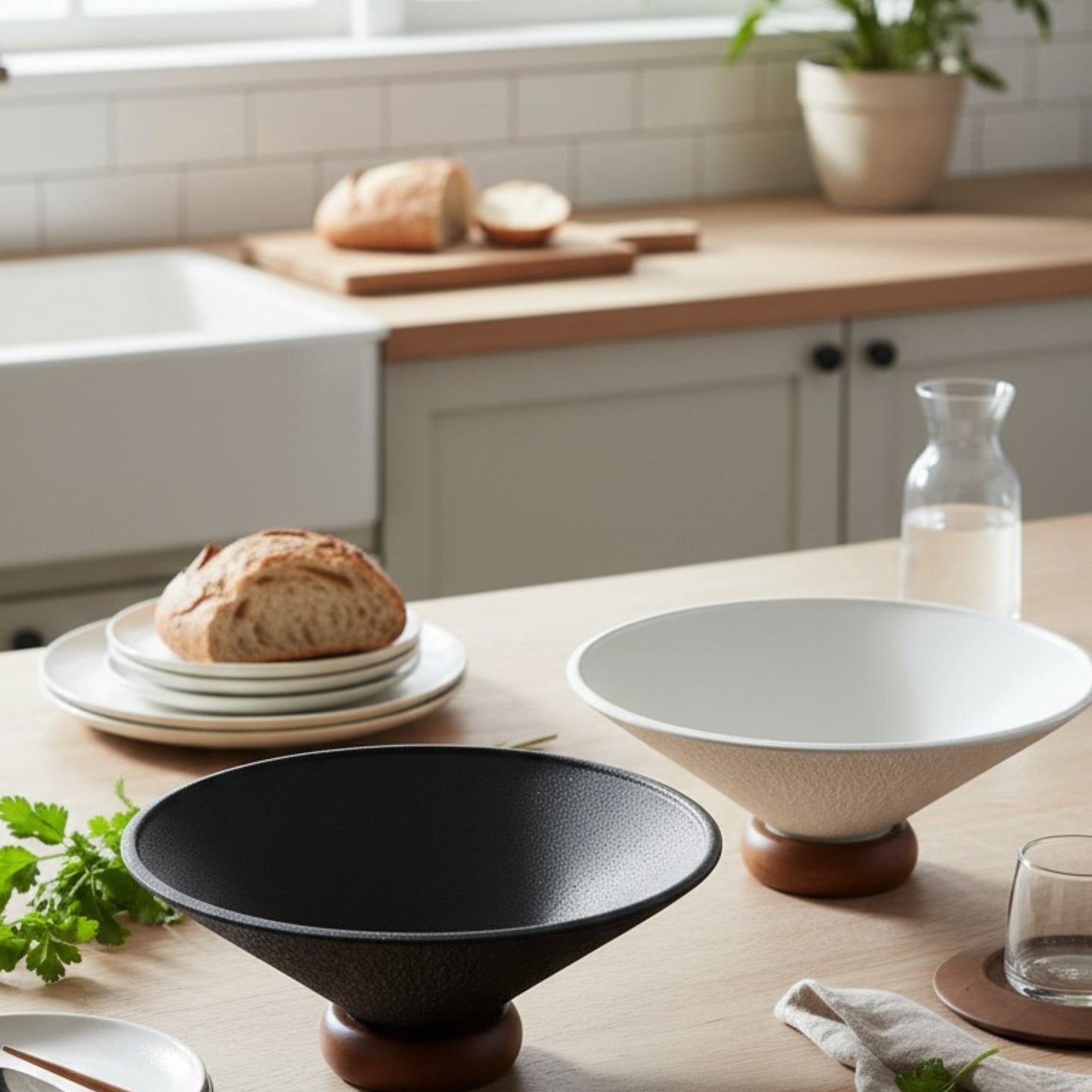 Modern Textured Ceramic Bowls with Wooden Base