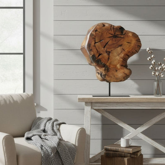 Natural Wood Abstract Sculpture on Stand
