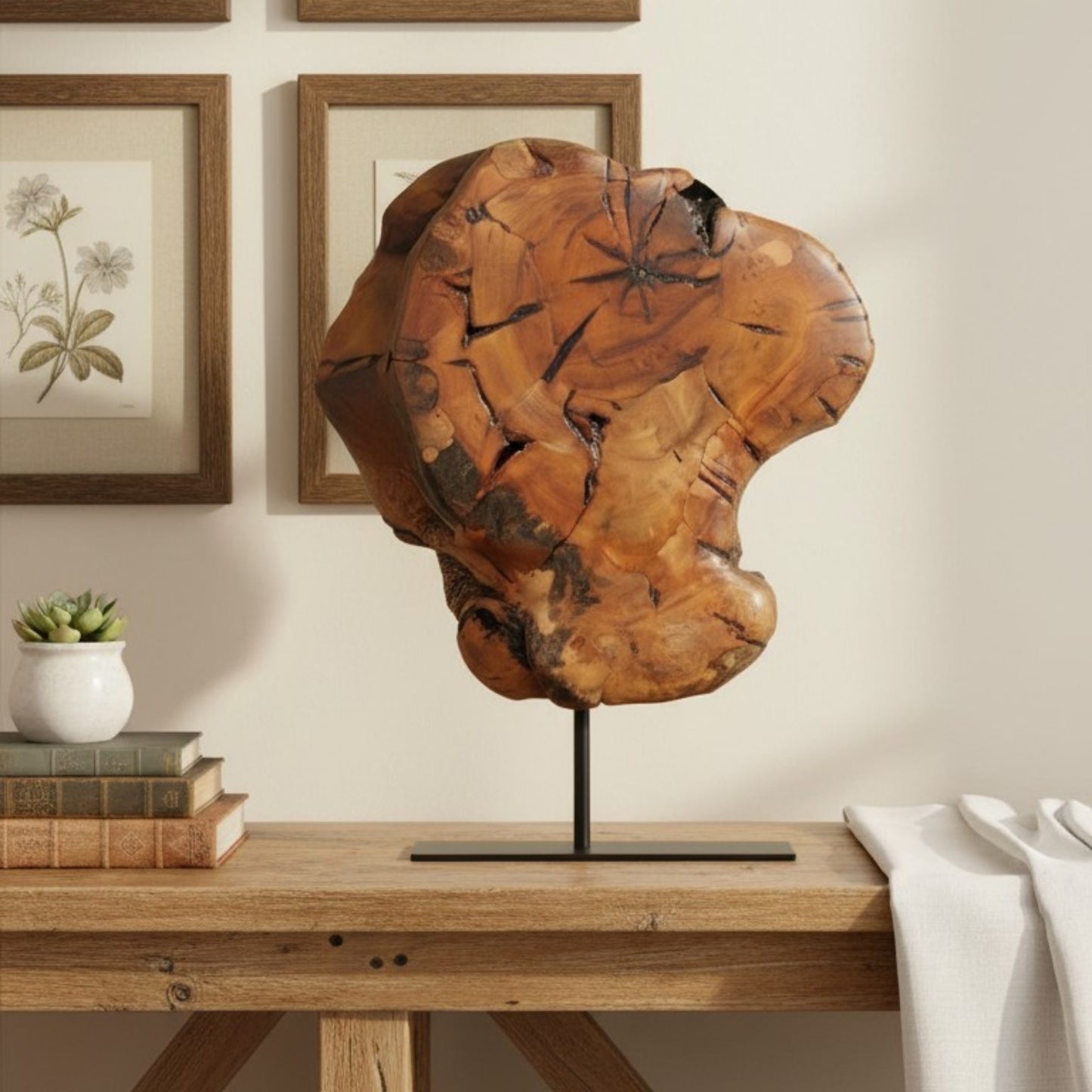 Natural Wood Abstract Sculpture on Stand