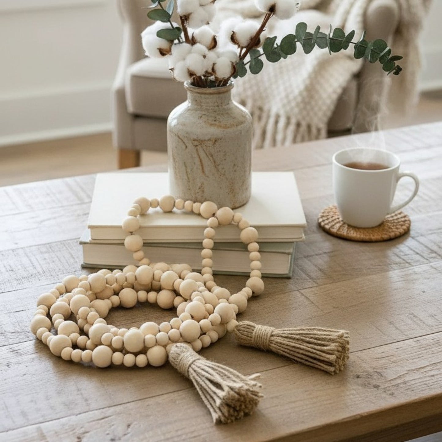 Natural Wooden Bead Garland with Jute Tassels