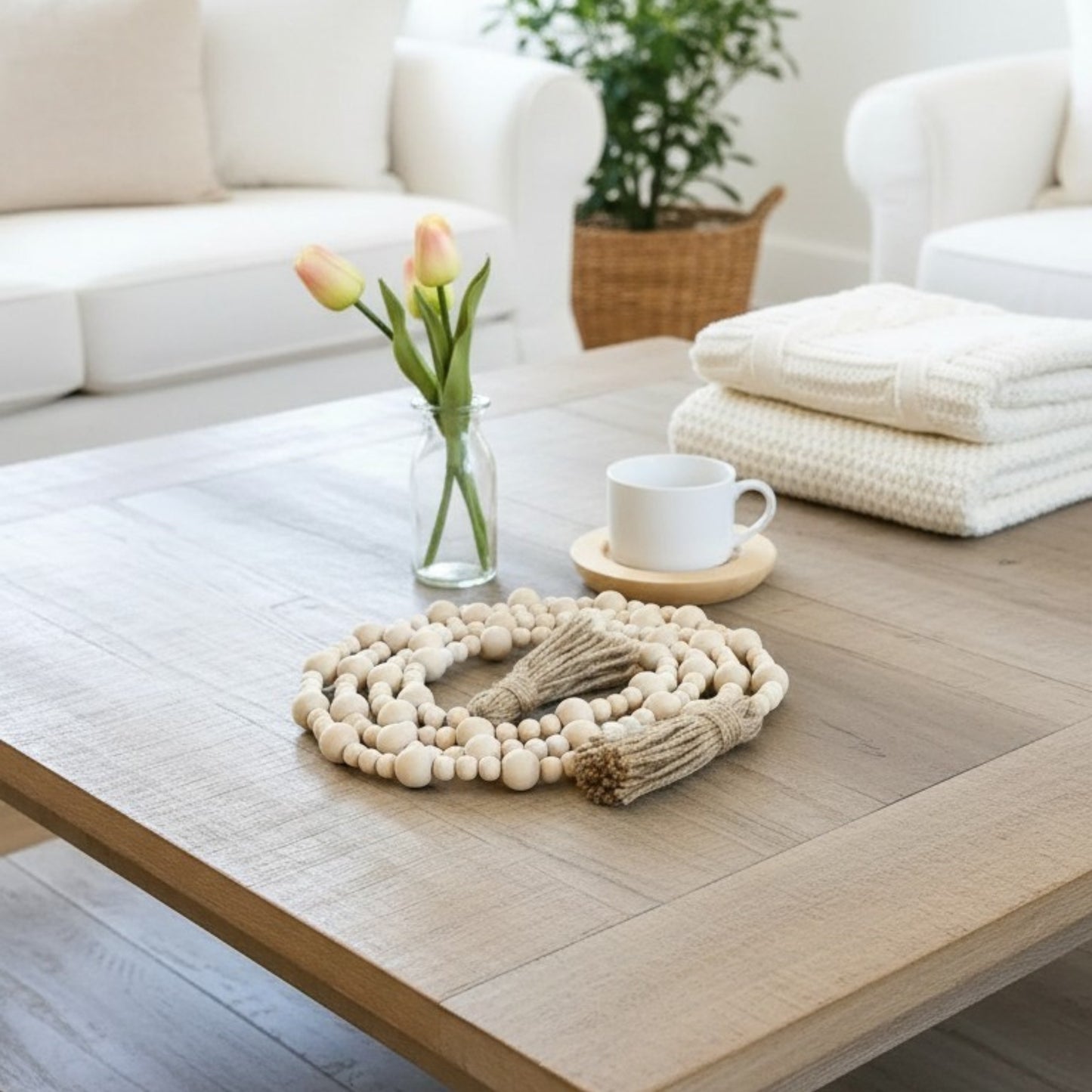 Natural Wooden Bead Garland with Jute Tassels