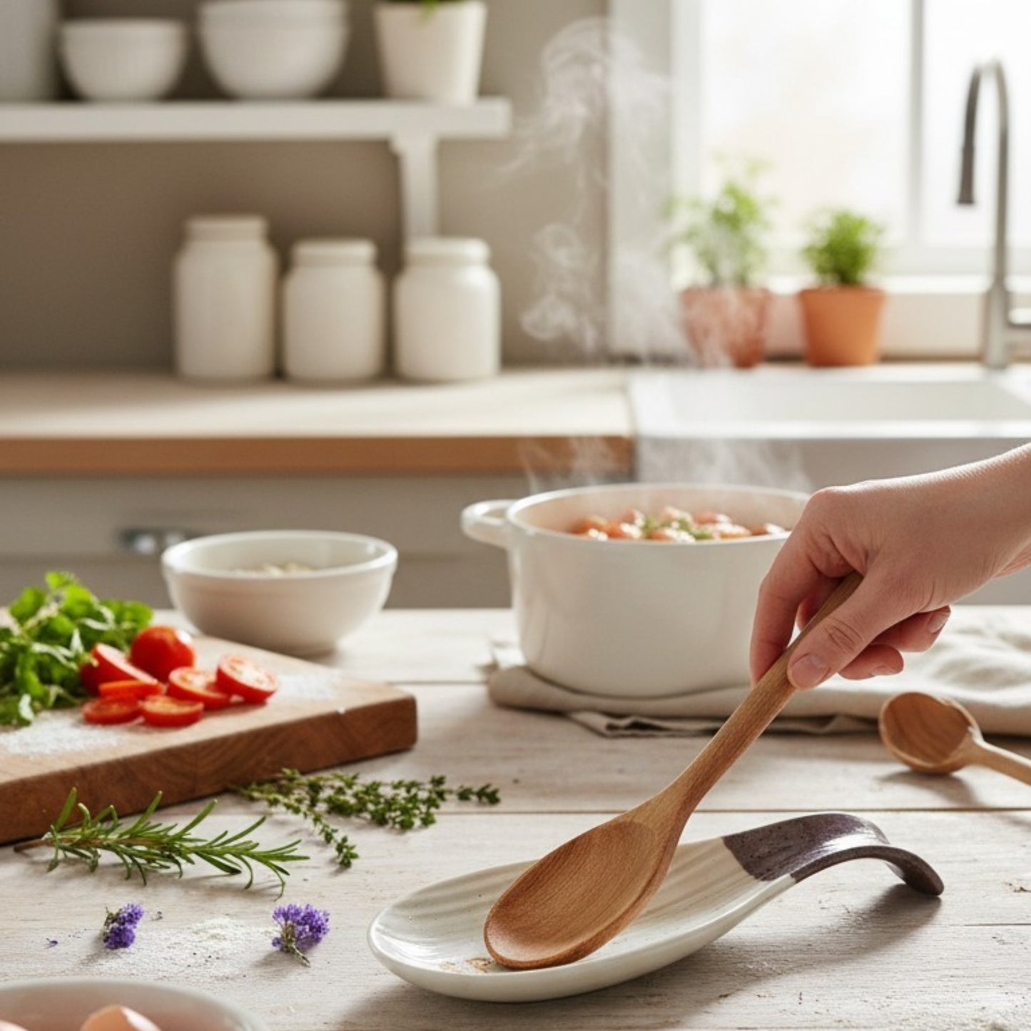 Olive-Brown Spoon Rest with Ribbed Finish
