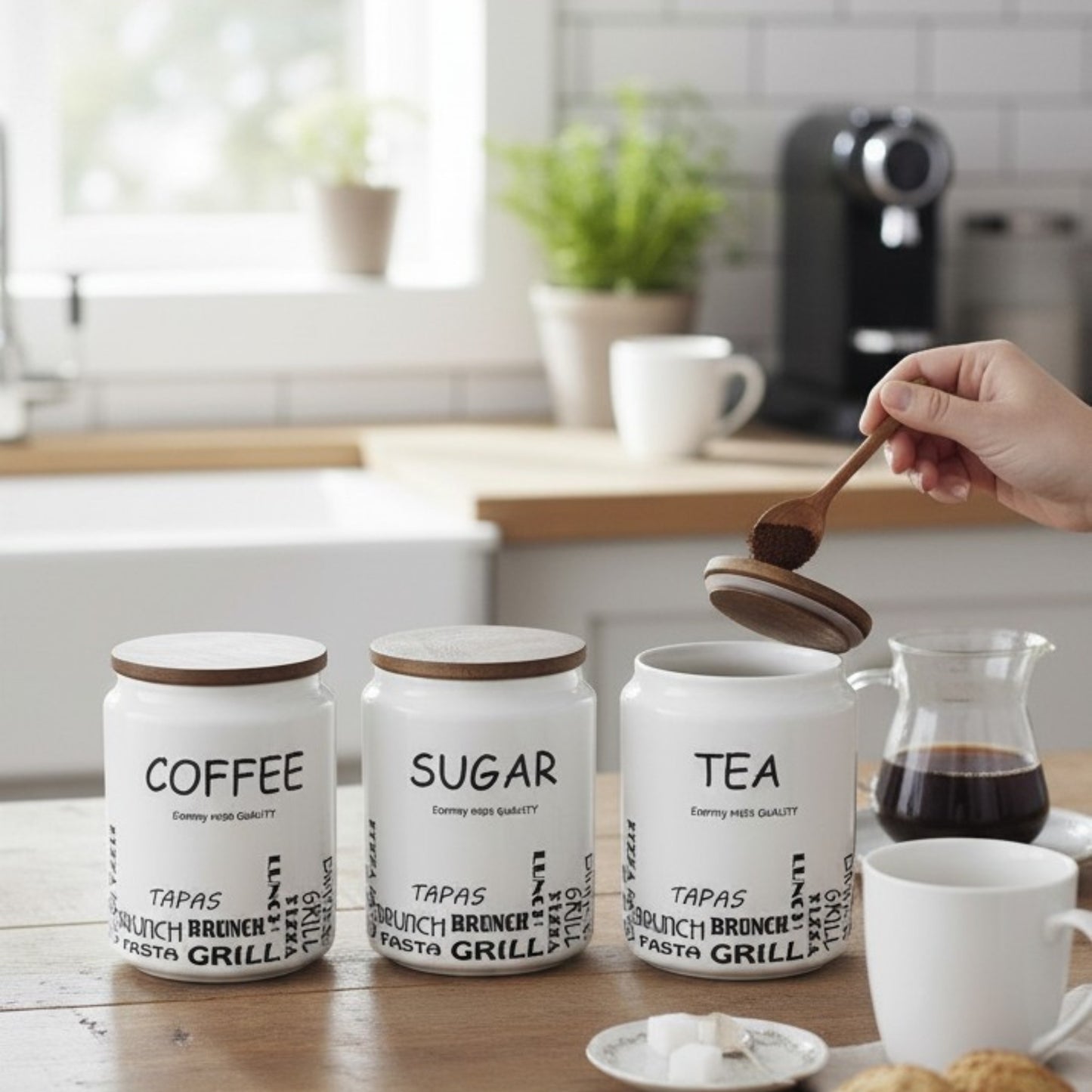 3-Piece White Coffee, Tea & Sugar Canister Set