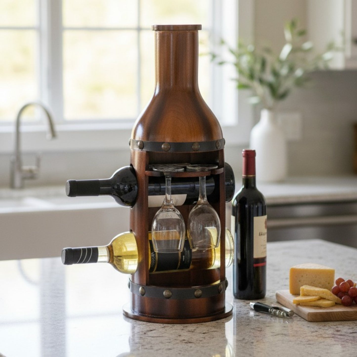 Vintage Bottle-Shaped Wine Rack with Glass Holder
