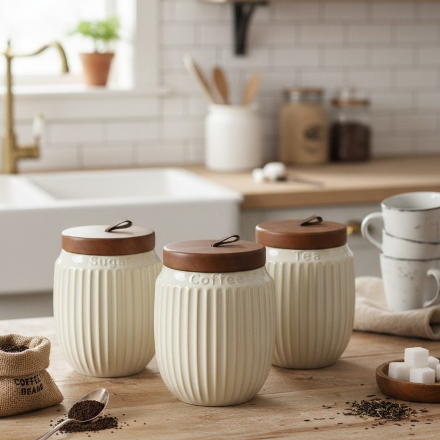 Ribbed Ceramic Storage Jar Set with Wooden Lids – Set of 3