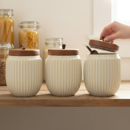 Ribbed Ceramic Storage Jar Set with Wooden Lids – Set of 3