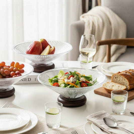 Ribbed Glass Serving Bowl with Wooden Base