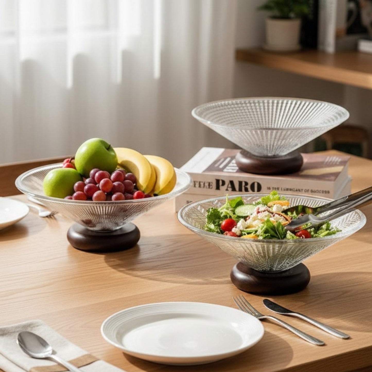 Ribbed Glass Serving Bowl with Wooden Base