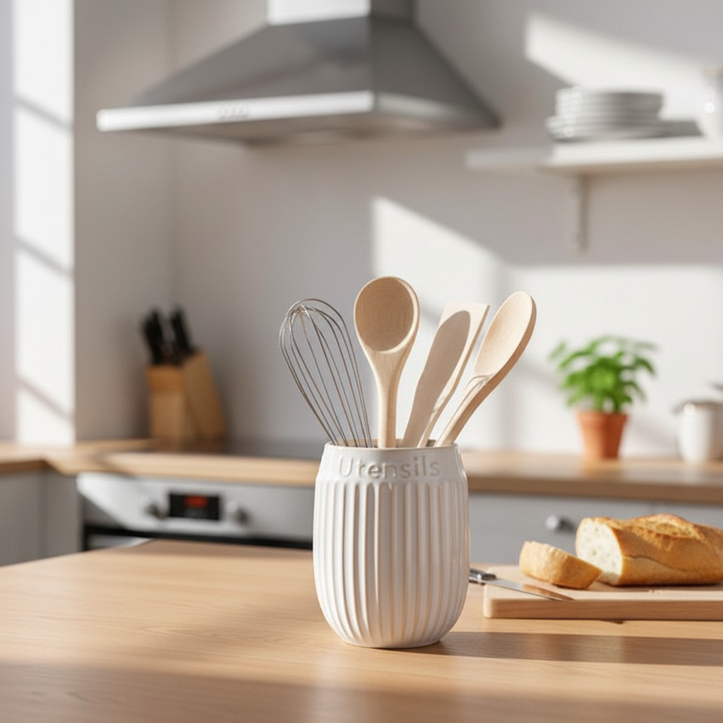 Ribbed White Ceramic Utensil Holder