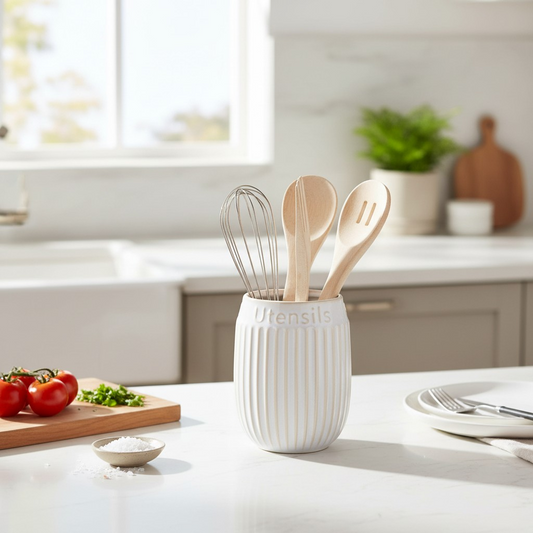 Ribbed White Ceramic Utensil Holder