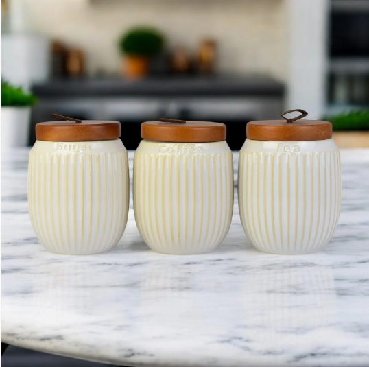 Ribbed Ceramic Storage Jar Set with Wooden Lids – Set of 3