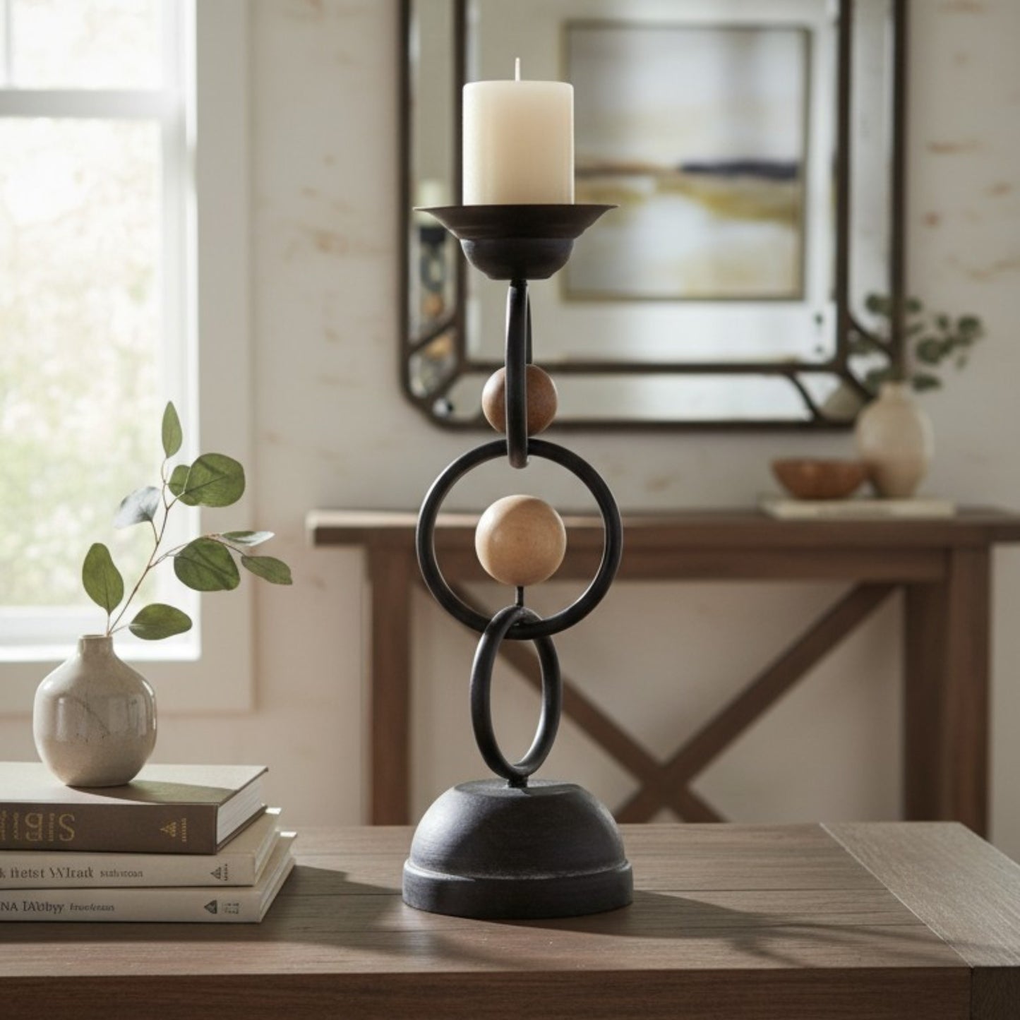 Sculptural Iron & Wood Pillar Candle Holder – Dual Orb Design