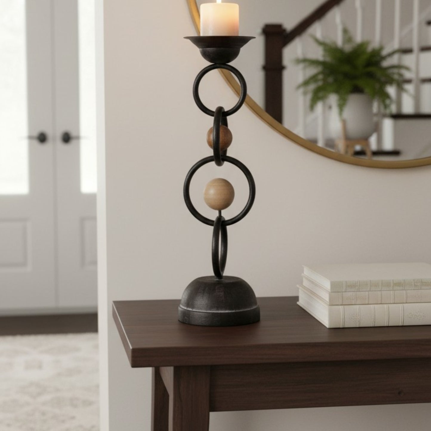 Sculptural Iron & Wood Pillar Candle Holder – Dual Orb Design