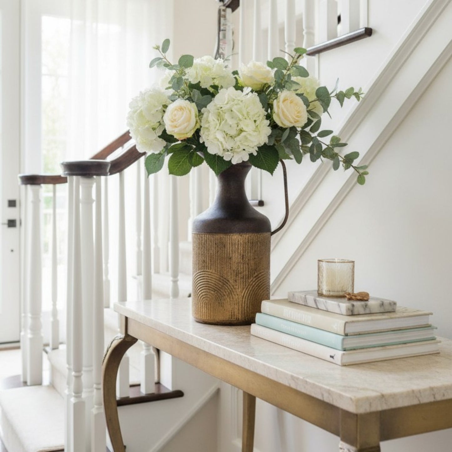 Tall Two-Tone Metal Jug Vase – Rustic Mustard & Bronze Finish