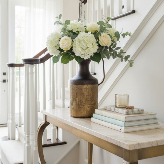 Tall Two-Tone Metal Jug Vase – Rustic Mustard & Bronze Finish