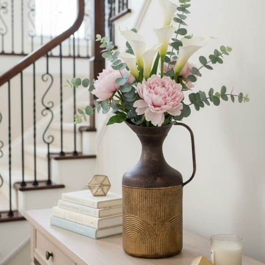 Tall Two-Tone Metal Jug Vase – Rustic Mustard & Bronze Finish