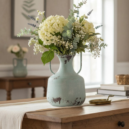 Vintage Distressed Metal Vase with Handles – Rustic Farmhouse Style