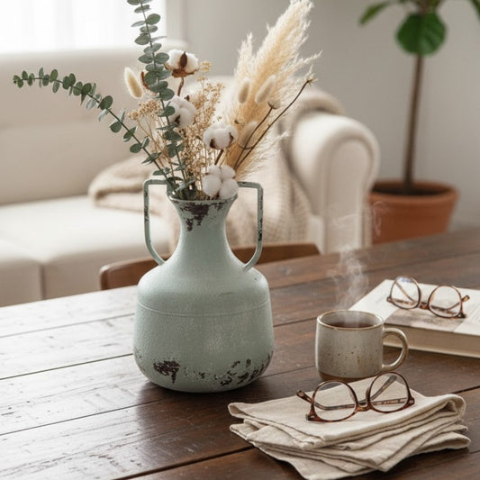 Vintage Distressed Metal Vase with Handles – Rustic Farmhouse Style