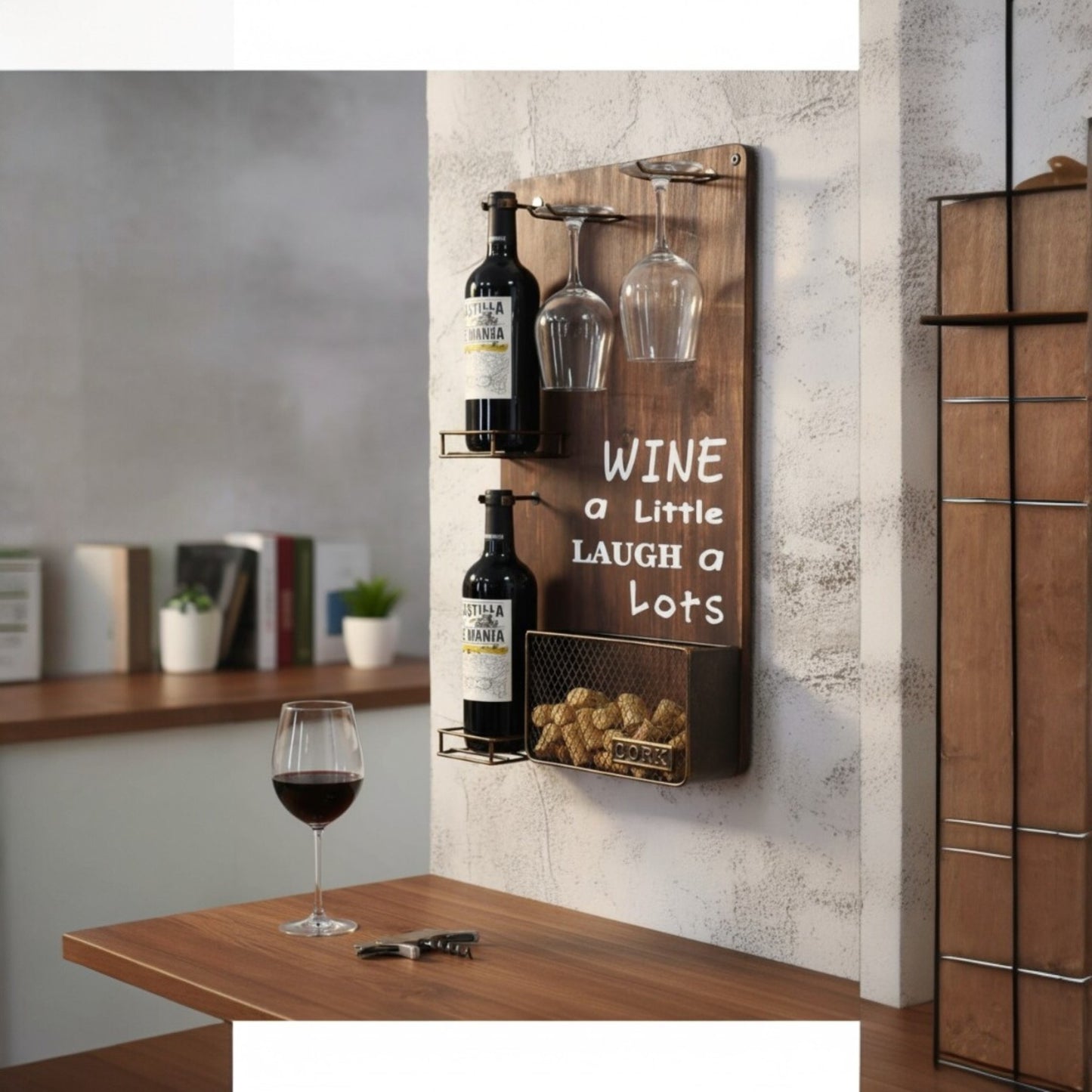 Wall-Mounted Wine Rack with Cork Basket