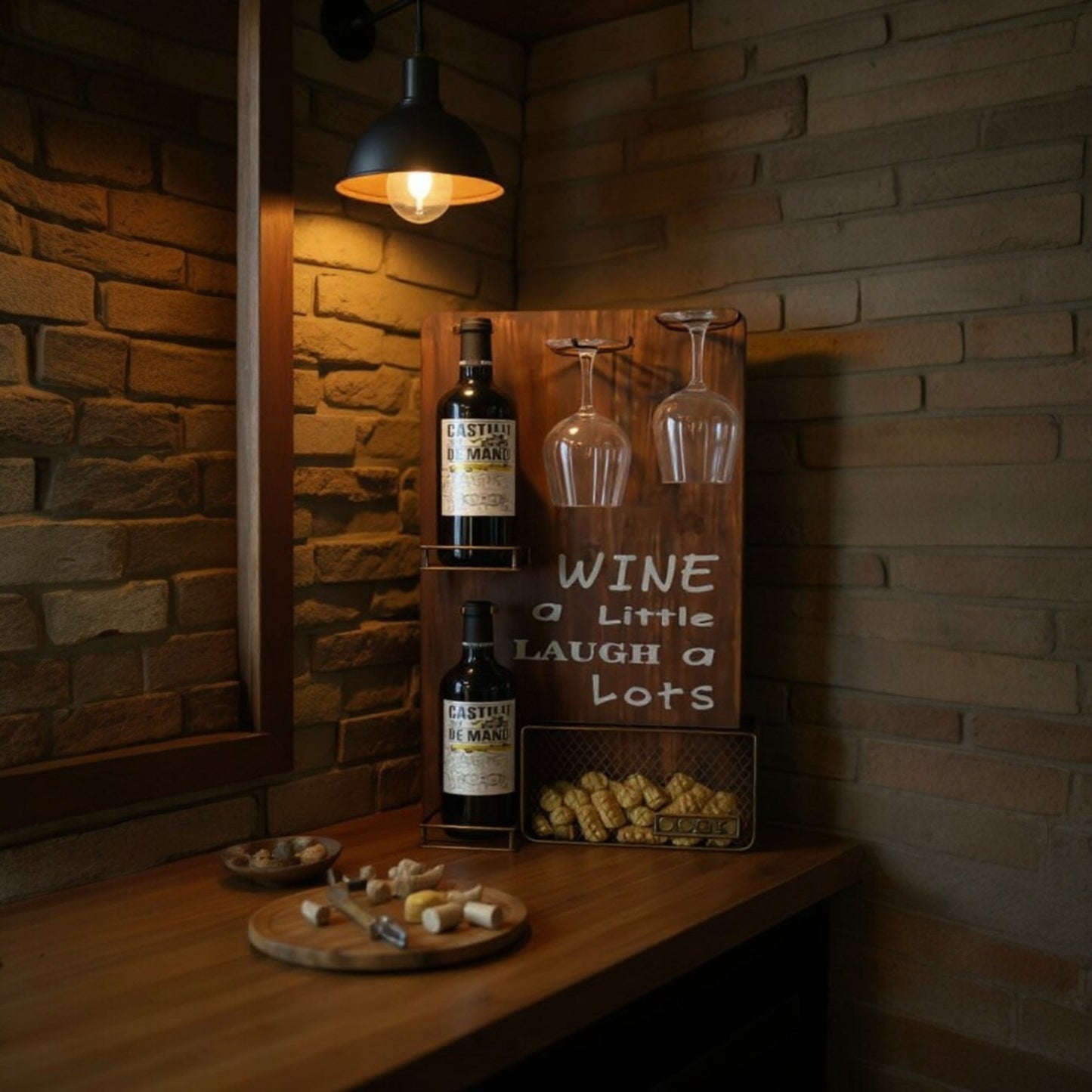 Wall-Mounted Wine Rack with Cork Basket