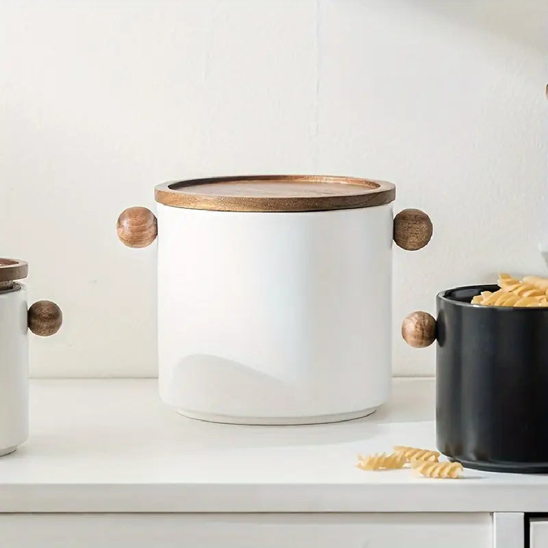 Minimalist Ceramic Storage Jar with Wooden Lid
