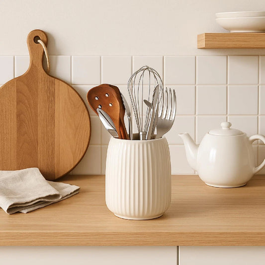 Ribbed White Ceramic Utensil Holder